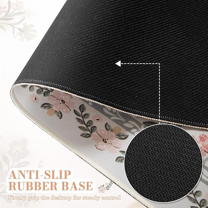 iCasso Desk Mat for Women Desk Accessories, 35.4x15.7in,Cozy Gray Floral | Back to School XXL Large Mouse Pad, Anti-Slip Big Mousepad with Stitched Edges,Smooth Water-Resistant