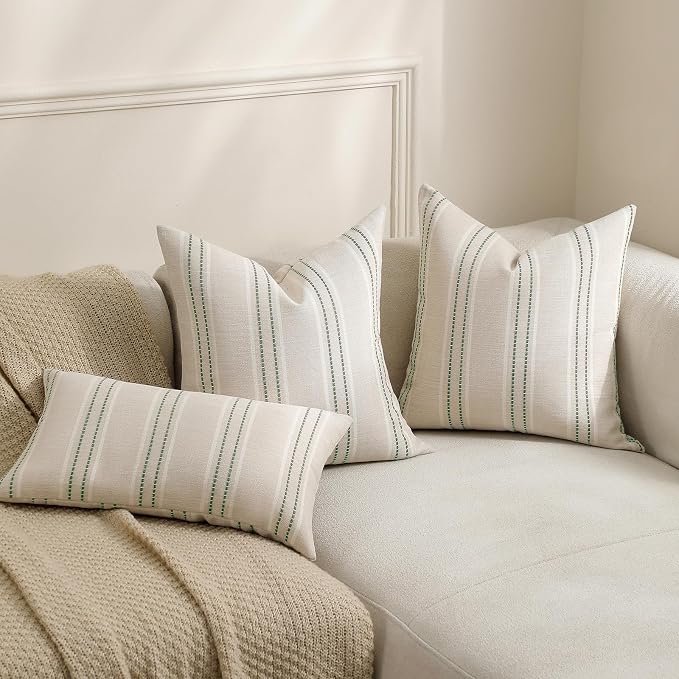 Hckot Stripe Throw Pillow Covers 12x24 Lumbar Sage Green Pillow Covers | Farmhouse Decorative Pillows Textured Linen Cushion Covers for Sofa Couch Bed Living Room Decor