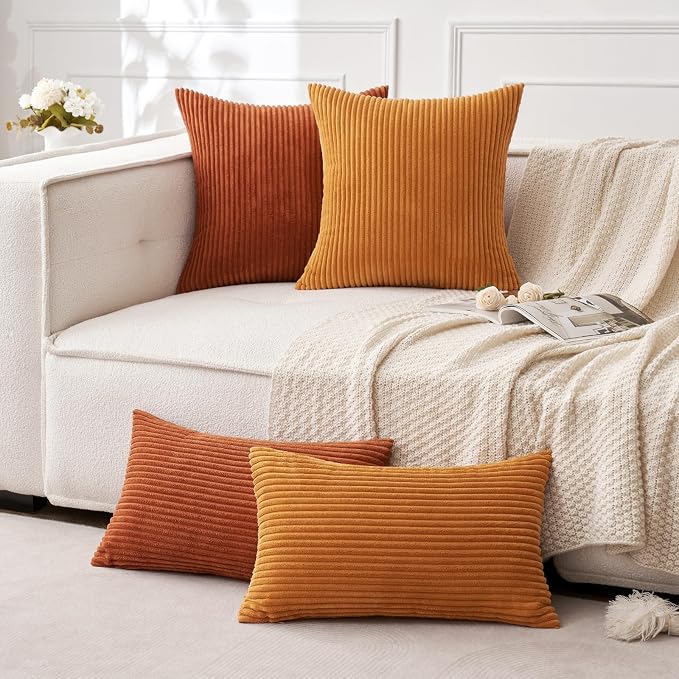 MIULEE Fall Lumbar Corduroy Throw Pillow Covers Set of 2 12x20 Burnt Orange | Decorative Striped Textured Cushion Cases, Boho Rustic Pillowcases for Home Decor, for Couch Chair Sofa Bed Living Room