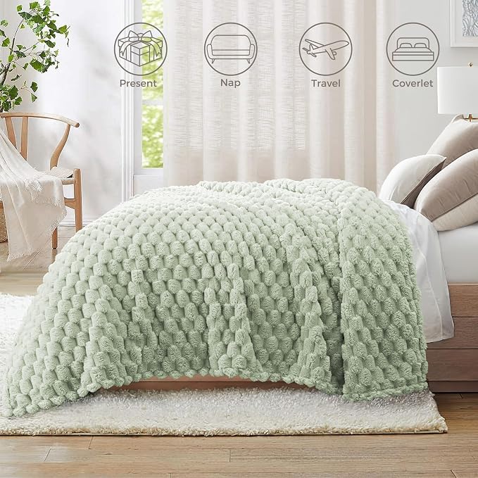 Whale Flotilla Soft Fleece Queen Size Bed Blanket 3D Jacquard, Sage Green | Lightweight Breathable Coverlet Bedspread for All Seasons, Super Cozy Plush Fluffy Fuzzy Decorative Blanket for Bed, 90"x90"