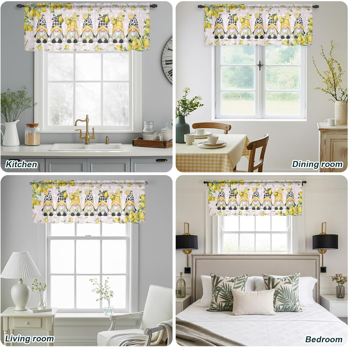 Lemon Gnomes Sheer Curtains Valances for Windows Summer Fruits Botanical Pink Plaid Chiffon Kitchen Valances for Cafe, Rod Pocket Voile Window Treatments Curtains for Living Room Bedroom, 54"x18"