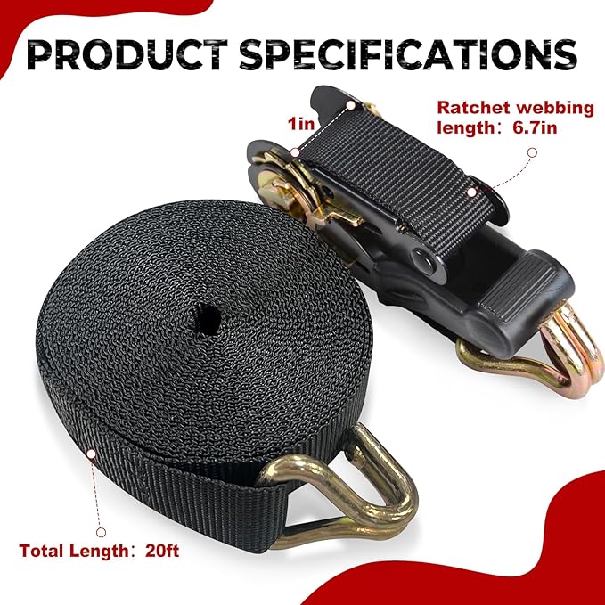 2 Packs Ratchet Straps Heavy Duty, 1" x 20' Ratchet Tie Down Straps with Double J Hooks | 2200lbs Break Strength for Moving, Securing Motorcycle, ATV, Kayak on Trailer, Truck Bed, Car Roof Rack
