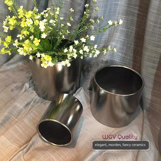 WGVI Silver Ceramic Cylinder Vase Width 6.5" Height 6", Flower Arrangements, Candle Holder, Terrarium Planter Pot, Storage Container Organizer, Pen Brush Holder, Smooth Silver Tabletop Decor, 6 Pc