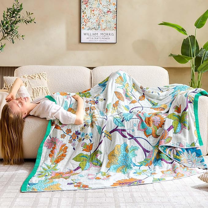 XIBLC Summer Throw Blanket, 80"x90" Reversible Bohemian Flower Blanket, 100% Cotton Muslin Breathable Woven, Farmhouse Decorative Throw Blanket