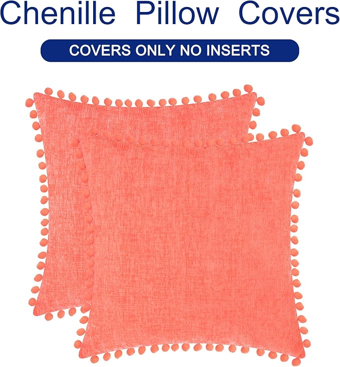 CaliTime Decorative Couch Throw Pillow Covers 16 X 16 Inches Living Coral | Pack of 2, Cozy Chenille Cushion Cases, with Pom Poms for Sofa Bed Living Room Farmhouse Home