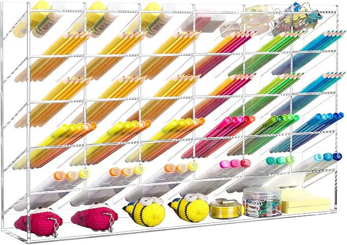 BEYGORM Acrylic Vertical Marker Organizer for 375 Markers, Desk Orgaizer | 31 Compartments Clear Angled Pen & Pencil Holder, Large Stationery & Art Supply Storage for School (17.9x 12.4 x 4 Inch)