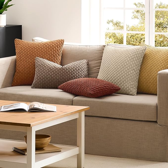 Kevin Textile Soft Corduroy 14"x36" Lumbar Pillow Cover 1 Pack, Burnt Brick | Fall Boho Stripe Plush Corduroy Decorative Oblong Cushion Cover Modern Farmhouse Home Decor for Sofa Couch Bed Chair