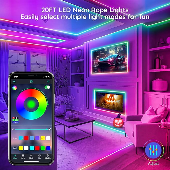 32.8Ft Led Rope Lights, Flexible Neon Lights Control with App/Remote, Multiple Modes, IP65 Outdoor RGB Waterproof, Music Sync Gaming Light Strip for Bedroom Decor