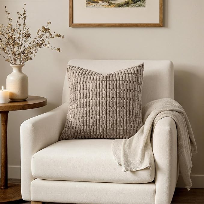 MIULEE Pack of 2 Corduroy Decorative Throw Pillow Covers 12x12 Inch Soft Boho Striped Pillow Covers Modern Farmhouse Home Decor for Sofa Living Room Couch Bed Light Brown