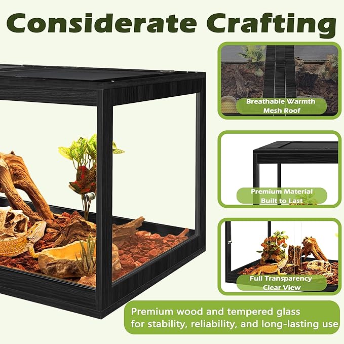 Prolee Tempered Glass Beard Dragon Tank 37 Gallons,Reptile Encloure and Snake Tank with Metal Mesh Roof Door,Locking Design Reptile Tank for Lizard,Gecko,Chameleon (32"X16"X16",Black)