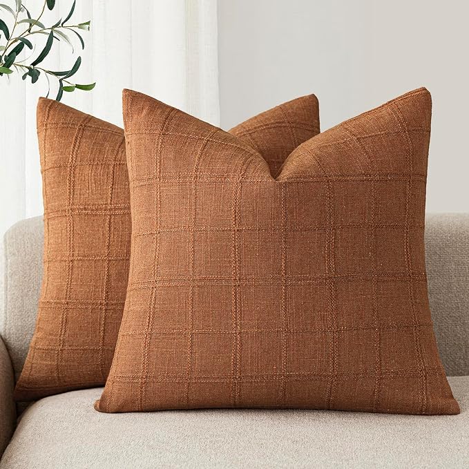 Foindtower Set of 2 Decorative Linen Check Throw Pillow Covers Neutral Farmhouse Vintage Cushion Covers Modern Boho Home Decor for Sofa Chair Couch Bedroom Living Room,24×24 Inch,Orange
