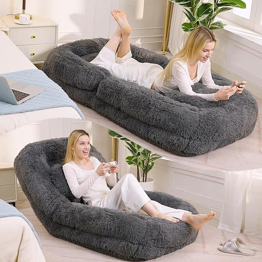 Adjustable 5-Position Human Dog Bed for People, Big Comfy Plush Floor Gaming Lazy Sofa Chair with Pillows & Back Support, Foldable Lounge Loveseat Couch for Living Room Bedroom (Dark Gray)