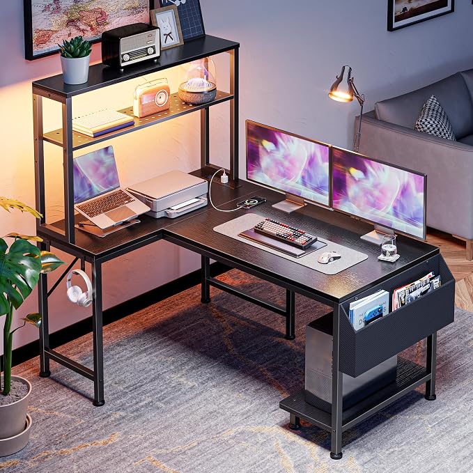PRAISUN L Shaped Gaming Desk with LED Lights & Power Outlets, Reversible Computer Desk with Storage Shelves & Bag, Small Corner Home Office Desk with Pegboard for Work from Home, Black