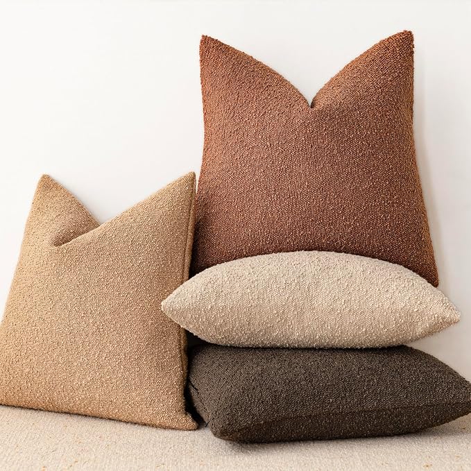 Foindtower Set of 2, Decorative Textured Boucle Throw Pillow Covers Accent Solid Pillow Cases Neutral Couch Cushion Case for Chair Sofa Bedroom Living Room Home Decor 16x16 Inch Burnt Orange Hazel