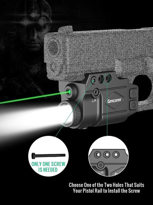 Gmconn Tactical Flashlight - 800 Lumen with Green Laser Sight & Strobe Function | Rechargeable Gun Light