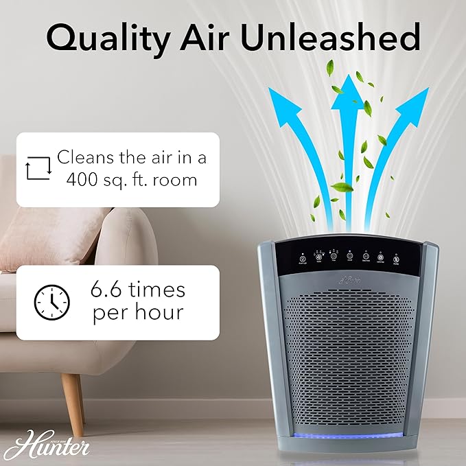 Hunter HP800 Air Purifiers for Home Large Room and Bedroom. True HEPA Air Purifier for Pets, Odors, Allergens, Smoke, Dust, VOC's. 4 Fan Speeds, Quiet Sleep Mode. Cleans 2585 Ft² per Hour. White
