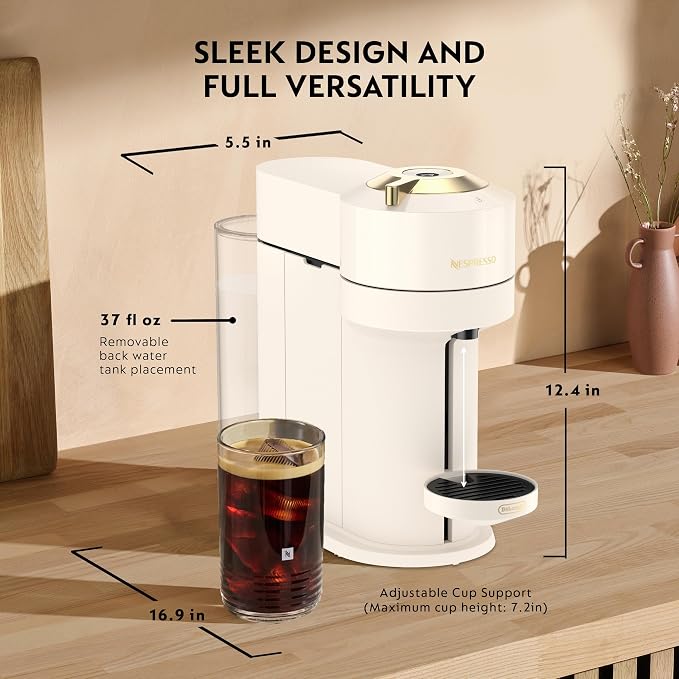 Nespresso Vertuo Next Coffee and Espresso Maker by De'Longhi, Creamy White and Gold | Creamy white and gold coffee machine with slim, sustainable design. Brews 6 cup sizes, espresso to 18 oz., topped with crema.