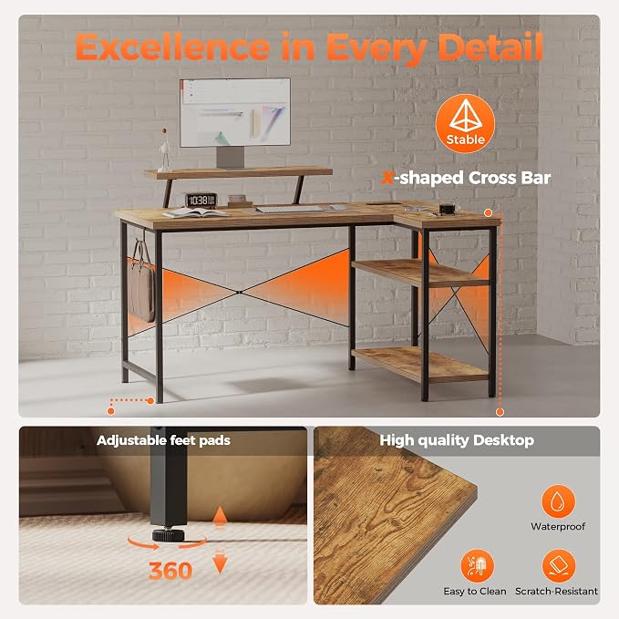 Mericonia 48 in Corner Desk with Monitor Stand, Small L Shaped Gaming Desk | Reversible Computer Desk with Power Outlets, LED Light & Storage Shelves, Office Table for Home Bedroom Study Work Writing