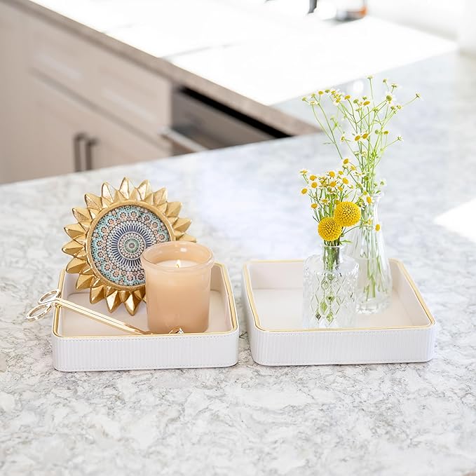 2 Pack White Catch All Trays for Jewelry| Small Leather Valet Tray| Key Bowl for Entryway Table EDC Trinket Tray Catch All| Perfume Trays for Dresser Organizer Perfume Holder (Set of 2)