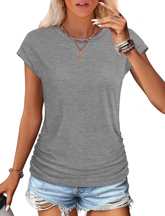 Sampeel Womens Summer Tops Trendy 2026 Ruched Cap Short Sleeve Tshirts Shirts Crew Neck T Shirts Fashion