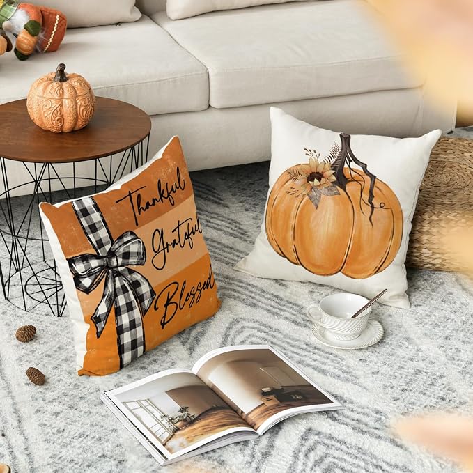 AVOIN colorlife Fall Pumpkin Home Sweet Home Throw Pillow Covers, 20 x 20 Inch Autumn Thankful Grateful Blessed Harvest Floral Orange Decorations for Sofa Couch Set of 4