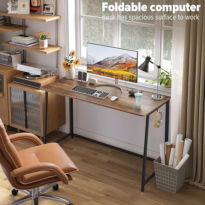 WOHOMO Folding Desk, 47.2" Foldable Computer Table for Small Spaces, Walnut | Easy Assembly and Fold, Sturdy Home office desks for Study Bedroom Dorm Space Saving Writing Work Apartment