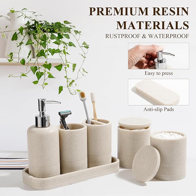 Bathroom Accessories Set, 6-Piece Bathroom Accessory Set, Toothbrush Holders Set, Soap Dispenser, Vanity Tray, Tumbler, Cotton Swab Jars, Bathroom Organizer for Modern Bathrooms(Beige)