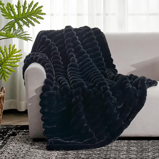 Cozy Bliss Faux Fur Throw Blanket for Couch, Cozy Warm Plush Striped Blanket for Sofa Bedroom Living Room,60 * 80 Inches Black