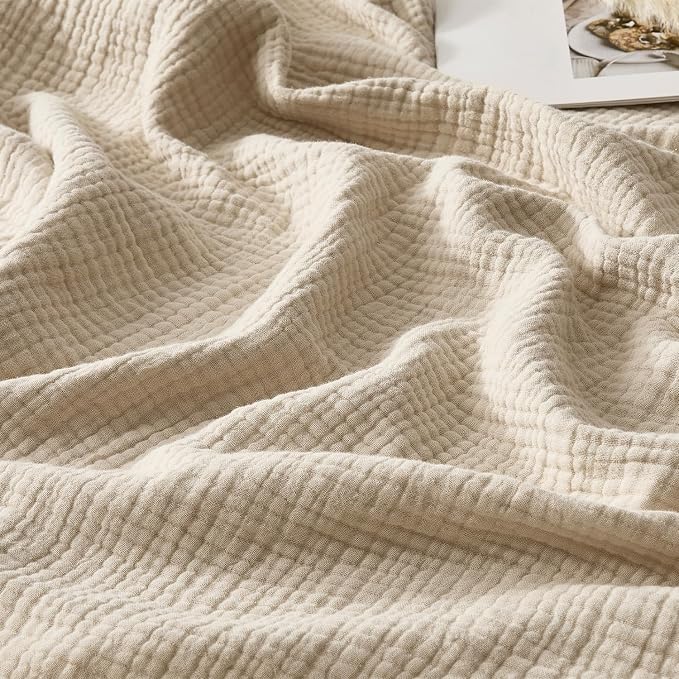 WDCOZY Muslin Blanket 100% Cotton Blankets Twin Size 4-Layer Breathable Lightweight Soft for Couch Bed Boho Farmhouse Linen Tassels Ruffle Gauze Blankets All Season 60x80 Inches Beige Tan Neutral