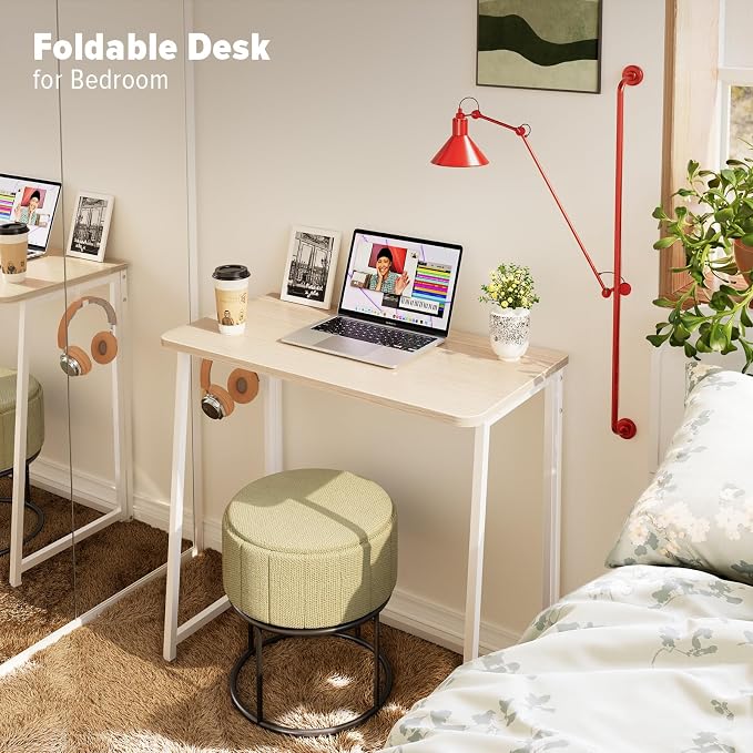 WOHOMO Folding Desk, 31.5" Foldable Computer Table for Small Spaces, Oak | Easy Assembly and Fold, Sturdy Home office desks for Study Bedroom Dorm Space Saving Writing Work Apartment