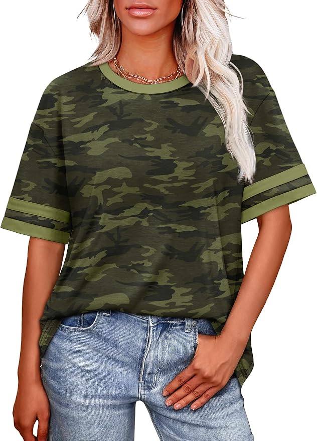 WIHOLL Womens T Shirts Loose Fit Short Sleeve Tees Crew Neck Color Block Summer Tops 2026 Fashion