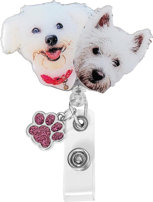 callie Personalized Pet Portrait Badge Reel - Custom Dog Cat Photo, Cute Badge Holder Retractable with Alligator Clip & Paw Charm, Gifts for Dog Lover Nurse RN CNA Doctor（2 Pets）