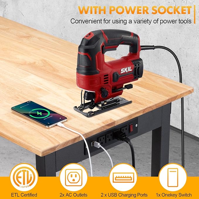 48" Height Adjustable Workbench, 2000 LBS Load Capacity Rubber Wood Top Workstation, Heavy-Duty Hardwood Worktable for Garage Workshop (with Wheels and Socket,48'')
