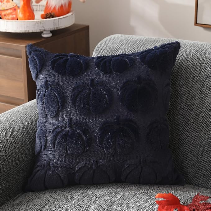 DFXSZ Fall Pillow Covers 16x16 2Pcs Navy Blue Pumpkin Fall Decorations | Fall decor Set of 2 Throw Pillow Cases Soft Plush Faux Fur Wool Couch Cushion for Chair Sofa Bedroom Living Room Home Decor