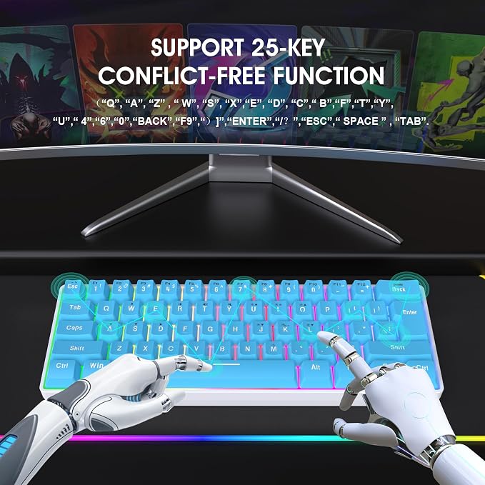Snpurdiri 60% Wired Gaming Keyboard, 61 Keys RGB (Blue) | Small Ultra-Compact Backlit 60 Percent Gaming Keyboard for PC/Mac Gamer, Typist, Travel, Easy to Carry on Business Trip