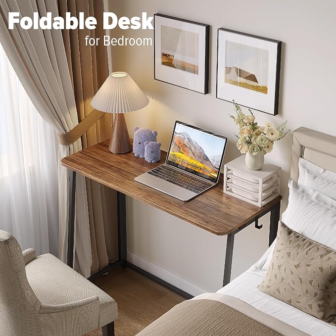 WOHOMO Folding Desk, 39.4" Foldable Computer Table for Small Spaces, Walnut | Easy Assembly and Fold, Sturdy Home office desks for Study Bedroom Dorm Space Saving Writing Work Apartment