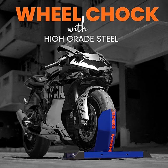 GRAND PITSTOP Universal Wheel Chock for Motorcycle Stand for Trailer Completely Adjustable Detachable Foldable Wheel Chock (Blue)
