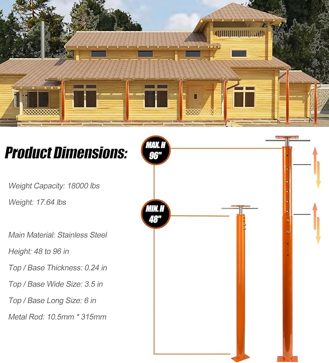 2 Pack House Jack Post Pole for Leveling, 48"-96" Adjustable House Floor Jacks, Support Joist Beam Brace Telescoping Jack Stands for Basements, Decks, Crawl Spaces, 18000 lbs Max Load Capacity