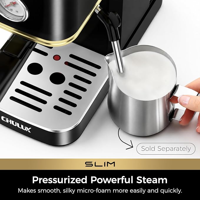 CHULUX Slim Espresso Machine with Milk Frother for Home Latte, Black & Gold | Precise Pressure Gauge, Food-Grade Materials, 20 Bar Italian Pump, Professional Temperature Control System, Stainless Steel