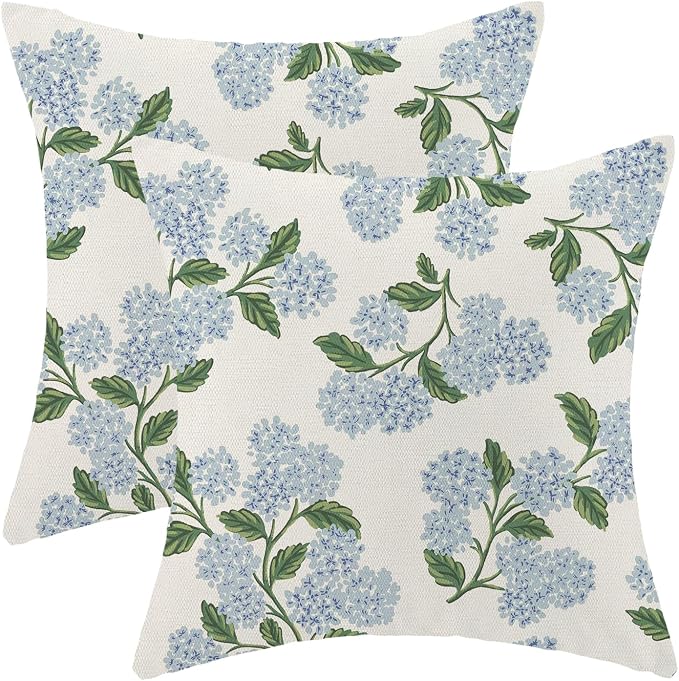 AEIOAE Spring Pillow Covers 22x22 Inch Set of 2, Green Blue Hydrangea Flower Throw Pillows Case,Floral Summer Outdoor Seasonal Decorative Farmhouse Decor Cushion Covers for Home Sofa Bed Couch