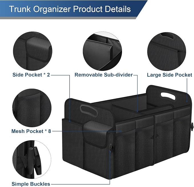 Femuar Car Trunk Organizer, Trunk Storage Organizer with 72L Large Capacity Waterproof Collapsible and 11 Pockets, Trunk Organizer for Suv/Jeep/Sedan, Large Size, Black