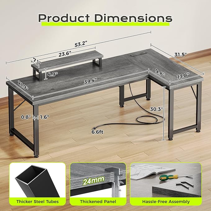 PRAISUN 53" L Shaped Computer Desk, Power Outlets, Monitor Stand, Grey | USB-C Ports, Reversible Charging Station, Spacious Desktop & Legroom, 0.94 Inch Thick Desktop, for Gaming, Study & Work