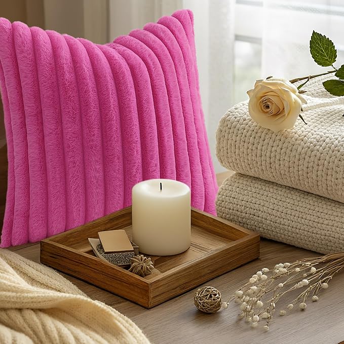 decorUhome Fall Faux Fur Throw Pillow Covers 12x20 Set of 2 Hot Pink | Decorative Soft Cozy Striped Plush Modern Farmhouse Boho Couch Pillow Cases Velvet Back for Sofa Bed Living Room Home Decor