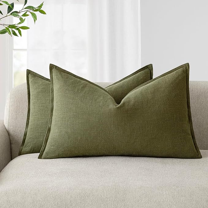 Foindtower Pack of 2, Decorative Linen Solid Throw Pillow Covers Soft Accent Lumbar Cushion Case Boho Farmhouse Pillowcase for Chair Couch Sofa Bedroom Living Room Home Decor 12 x 20 Inch Olive Green