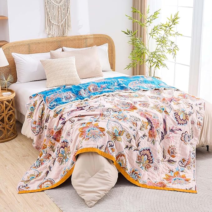 XIBLC Boho Throw Blanket for Bed, 100% Cotton Soft Rustic Quilt Fall Blanket, 60"x80" Floral Printed Farmhouse Decor Bed Blankets, All Season Rustic Reversible Bohemian Throw Quilt