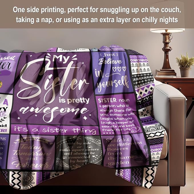 Sister Gifts Blanket, Happy Birthday Gifts for Sister, Unique Gift for My Dear Sis on Mothers Day Christmas - Soft Throw Blanket 60" x 50 (Purple)