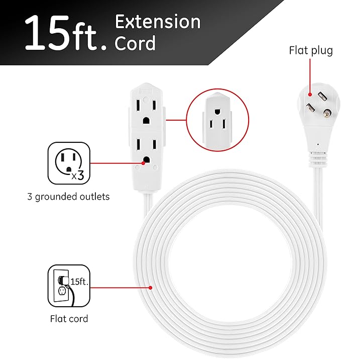 GE 3-Outlet Flat Extension Cord 15 Ft Grounded Extension Cord with Multiple Outlets 3 Prong Outlet Extender Flat Plug Power Strip Indoor 16 Gauge UL Listed White 56986