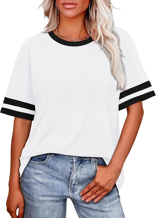 WIHOLL Womens T Shirts Loose Fit Short Sleeve Tees Crew Neck Color Block Summer Tops 2026 Fashion