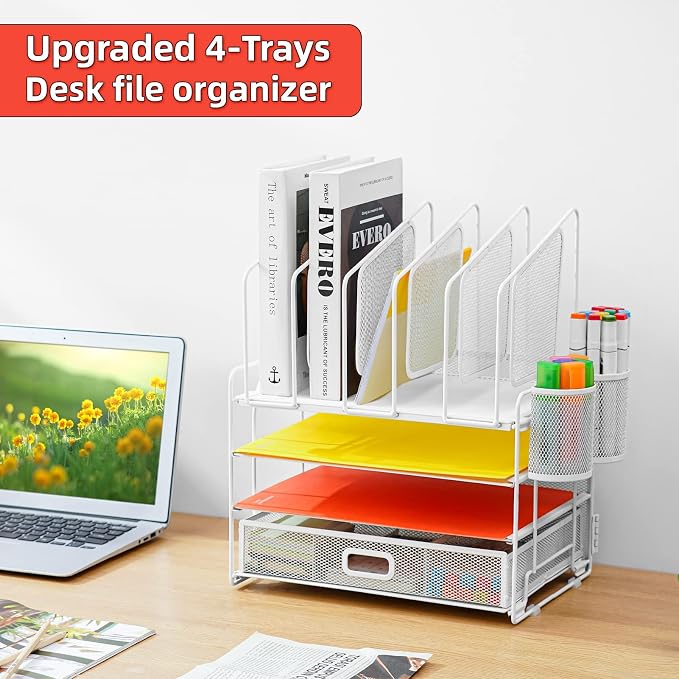 Marbrasse Desk Organizers, 4-Tier Mesh Desk File Organizer with 5 Vertical File Holders and 2 Pen Holders, Multifunction Desktop Organizer,Desk Organizers and Accessories for Home Office (White)