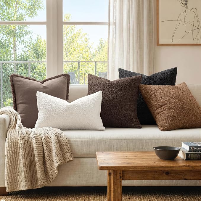 MIULEE 12x20 Decorative Lumbar Boucle Couch Pillow Covers Cocoa Brown | Set of 2 Textured Neutral Fall Autumn Throw Pillow Covers, Accent Solid Pillowcases, Sofa Living Room Home Decor
